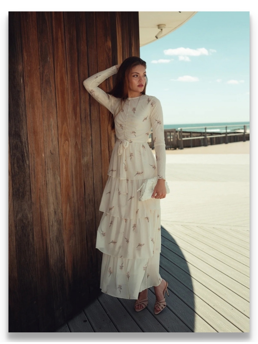 Elegant Cream Tiered Maxi Dress with Subtle Floral Print